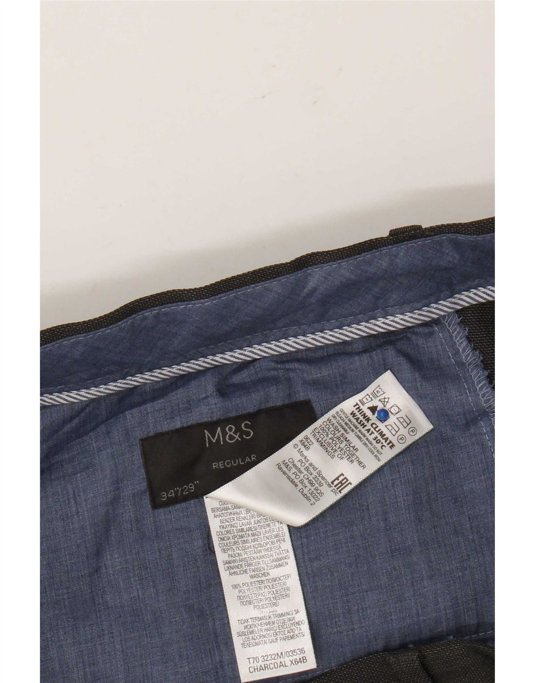 Marks & Spencer Pantalón de traje regular para hombre W34 L29 Poliéster gris