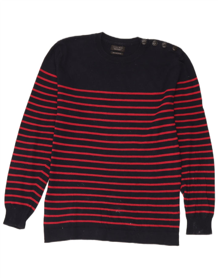 Zara Hombre Jersey De Cuello Redondo Jersey De Algodón A Rayas Azul Marino Medio