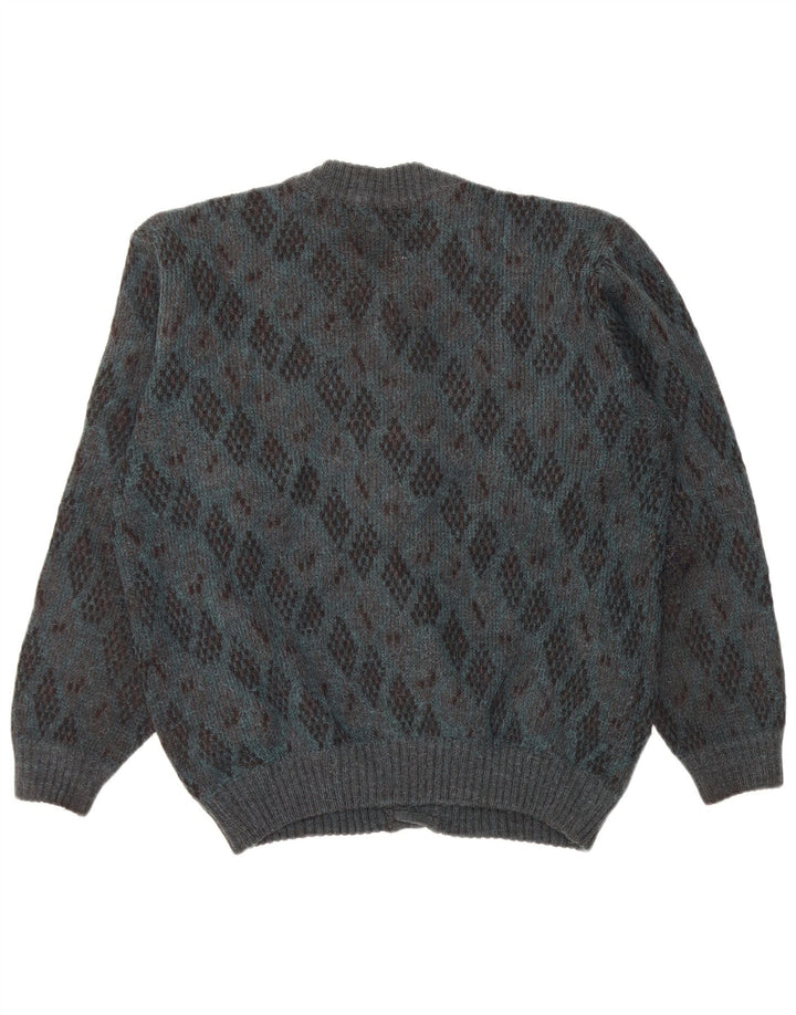 Vintage hombres Cardigan suéter grande azul Argyle/Diamond Alpaca lana