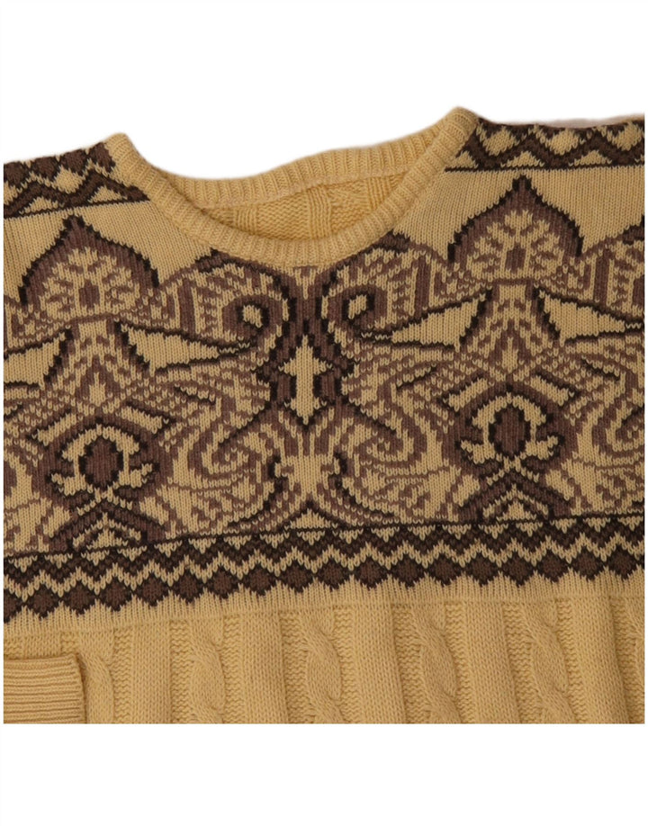 VINTAGE Hombres Crew Neck Jumper Suéter Grande Amarillo Fair Isle Lana