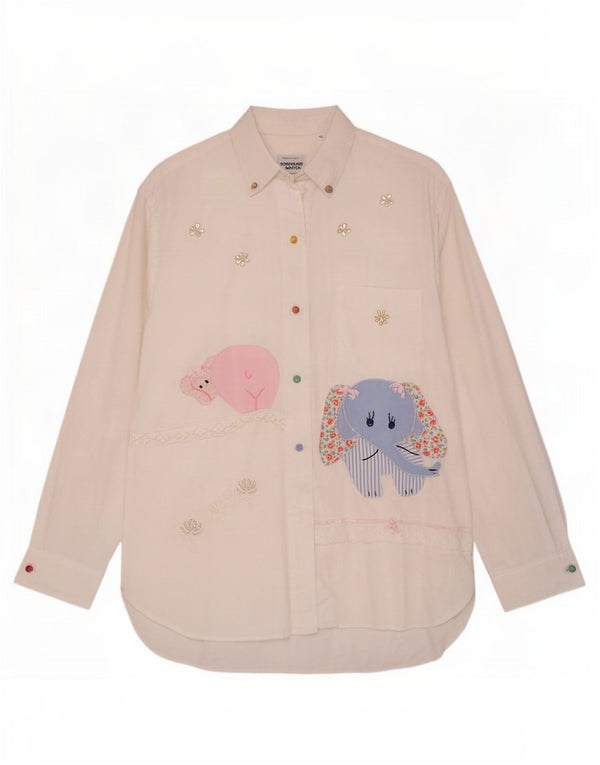 Benetton Camisa Estampada IT 46 Large Blanco De Algodón Con Estampado Animal