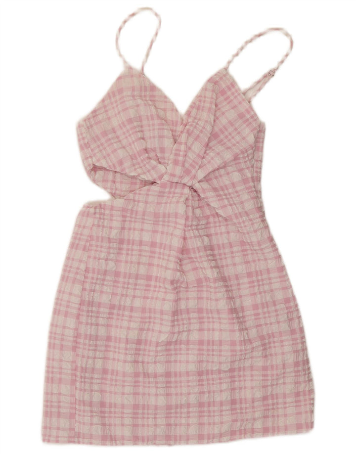 Zara Mujer Vestido De Tirantes Recortado UK 8 Small Pink Check
