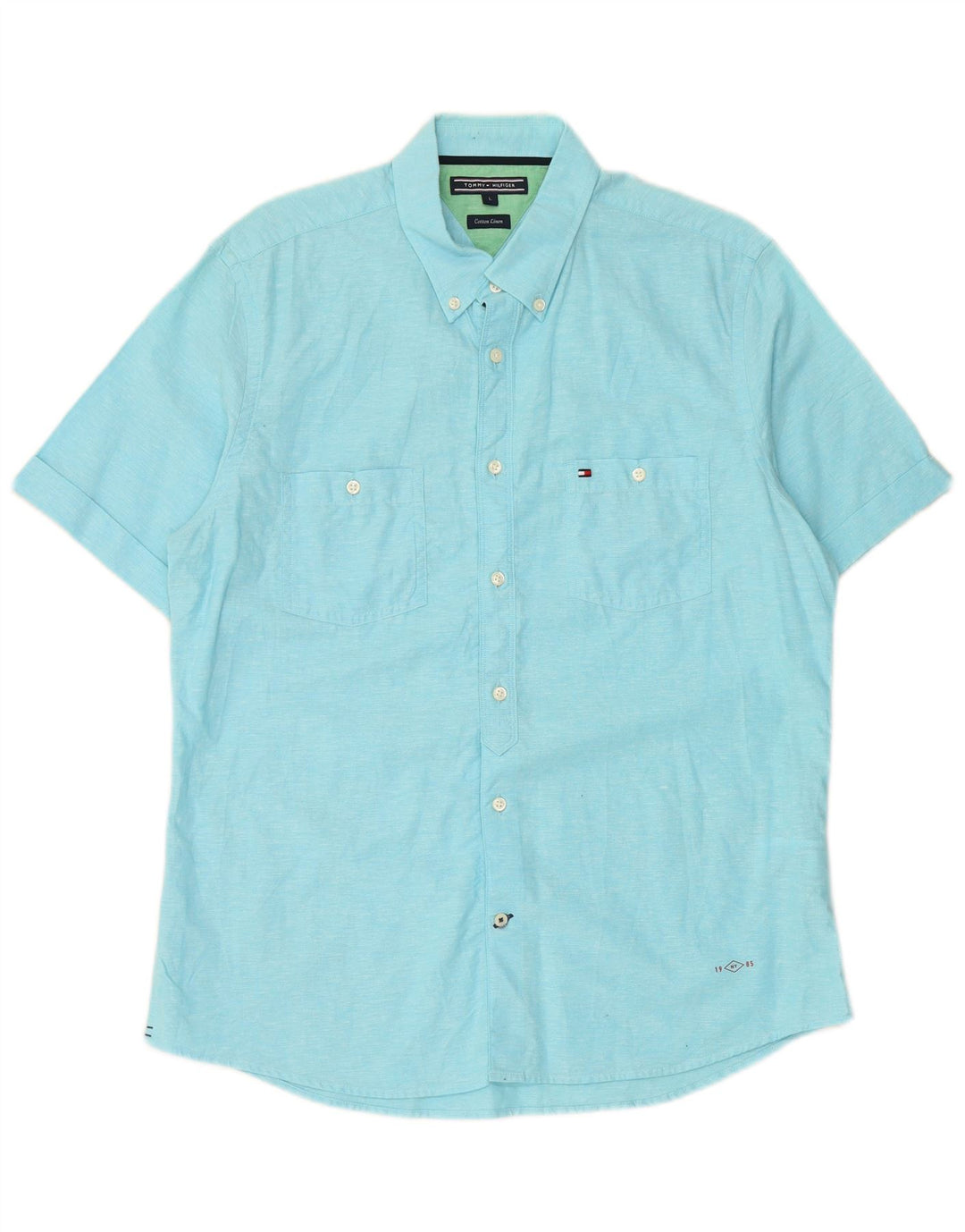 TOMMY HILFIGER Camisa de manga corta para hombre Large Blue Linen