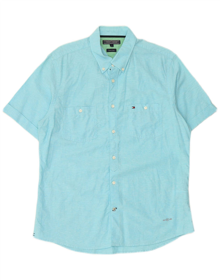 TOMMY HILFIGER Camisa de manga corta para hombre Large Blue Linen