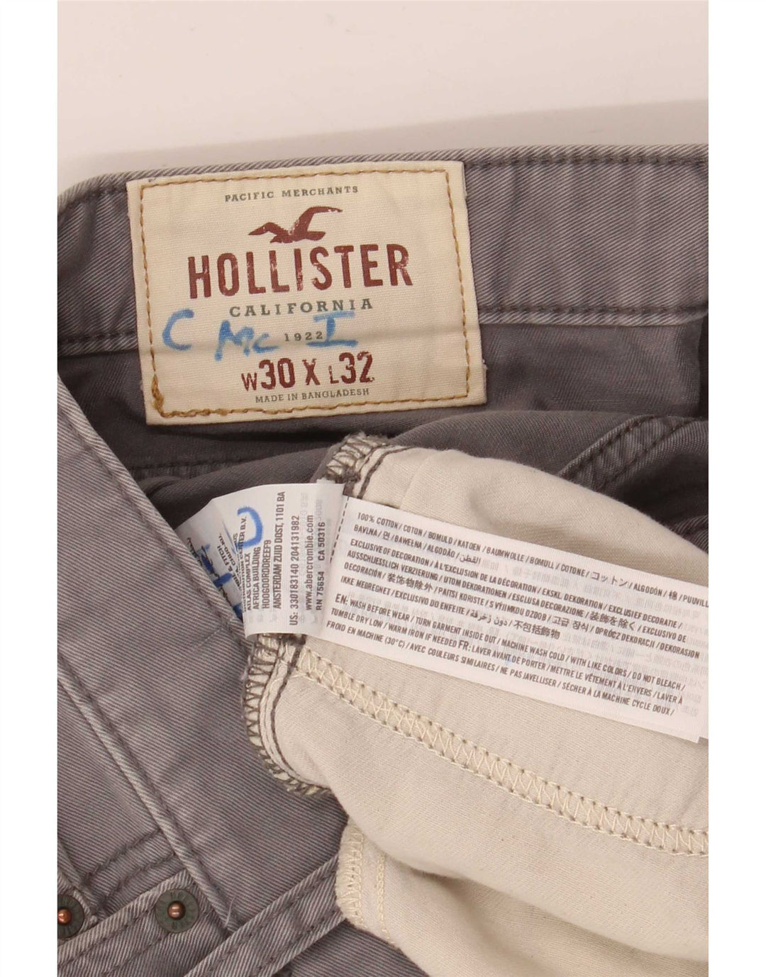 Vaqueros Hollister Hombre Slim W30 L32 Algodón Gris