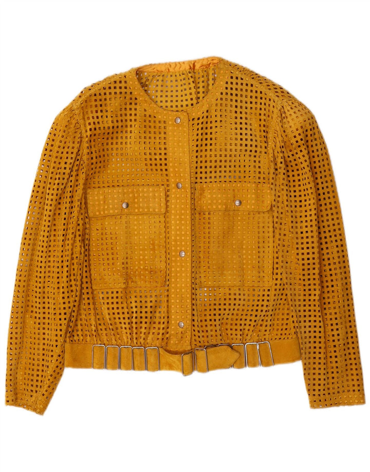 VINTAGE Mujer Ver a través de chaqueta de ante Reino Unido 14 Cuero amarillo medio