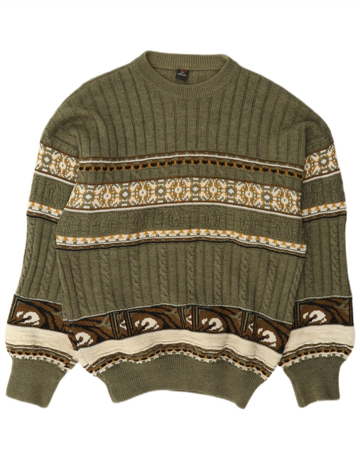 Vintage hombres cuello redondo jersey suéter medio verde feria isla