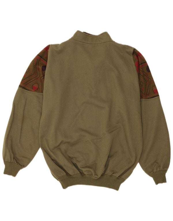 Vintage hombres gráfico cremallera cuello sudadera jumper grande caqui geométrico