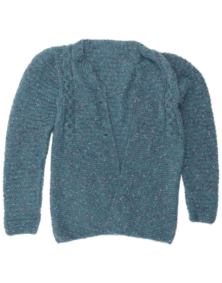 Vintage mujer abierto cardigan suéter Reino Unido 12 azul medio moteado