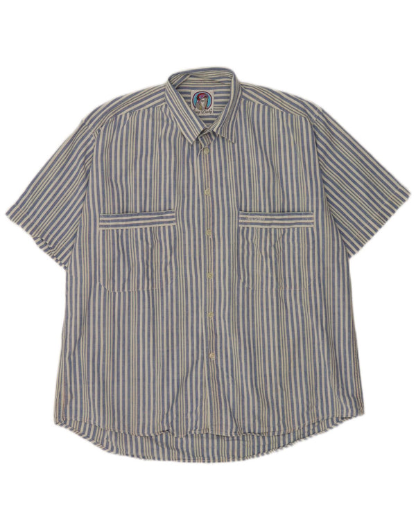 Camisa vintage de manga corta para hombre de algodón a rayas azul medio
