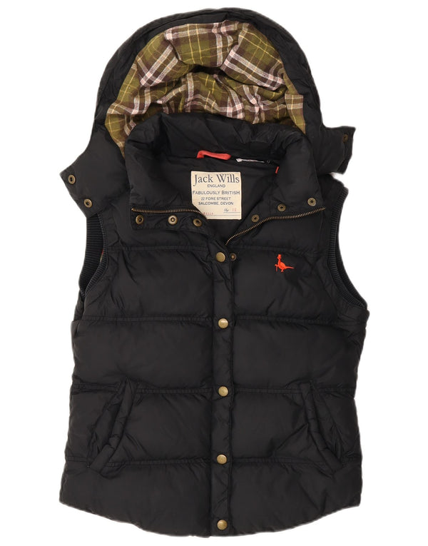 Jack Wills Chaleco acolchado con capucha para mujer UK 10 Small Black Cotton