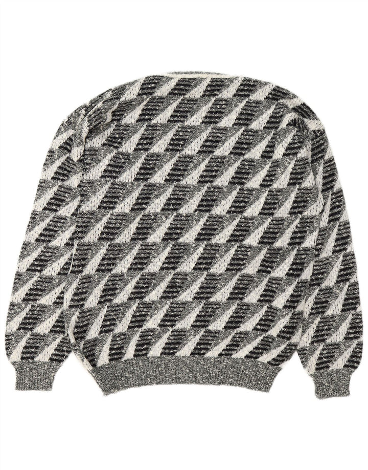 Vintage hombres V-cuello jumper suéter grande gris geométrico