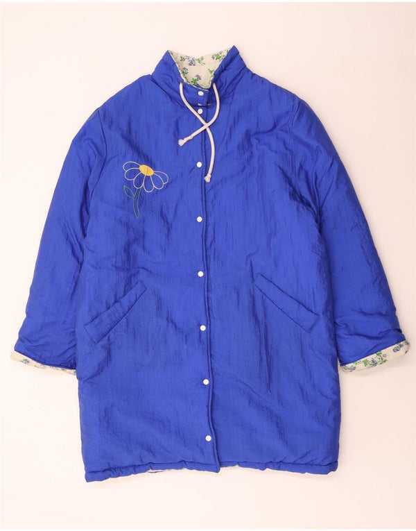 Vintage mujer gráfico cortavientos abrigo Reino Unido 18 XL azul floral poliamida