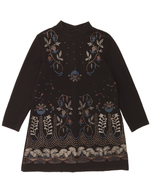 Zara Womens Long Sleeve Shift Dress UK 14 Medium Black Floral Polyester