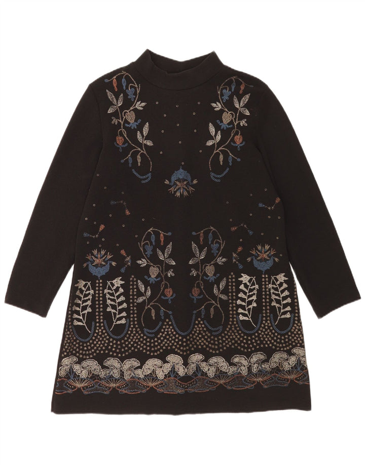 Zara Vestido recto de manga larga para mujer UK 44 Poliéster floral negro mediano