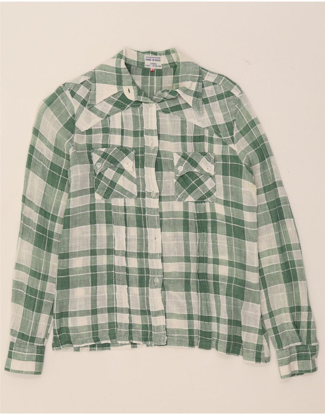 Vintage mujer camisa Reino Unido 14 medio verde comprobar algodón