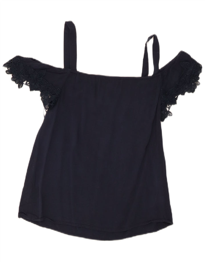 Oasis Top corto con hombros descubiertos para mujer UK 8 Small Viscosa azul marino