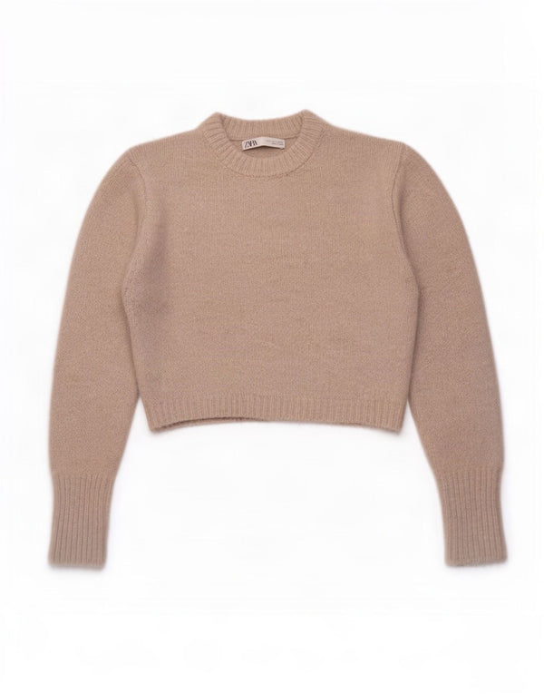 Zara Mujer Crop Crew Neck Jumper Sweater UK 10 Small Gris Acrílico