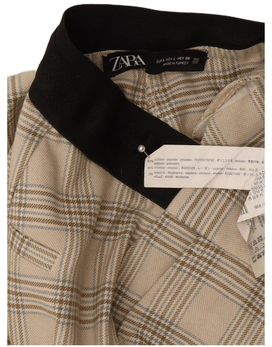 Zara Mujer Pantalón De Traje Cónico Grande W30 L27 Poliéster A Cuadros Beige
