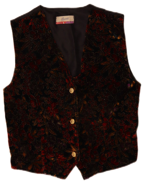ACCORDO Womens Waistcoat UK 14 Medium Black Floral Classic
