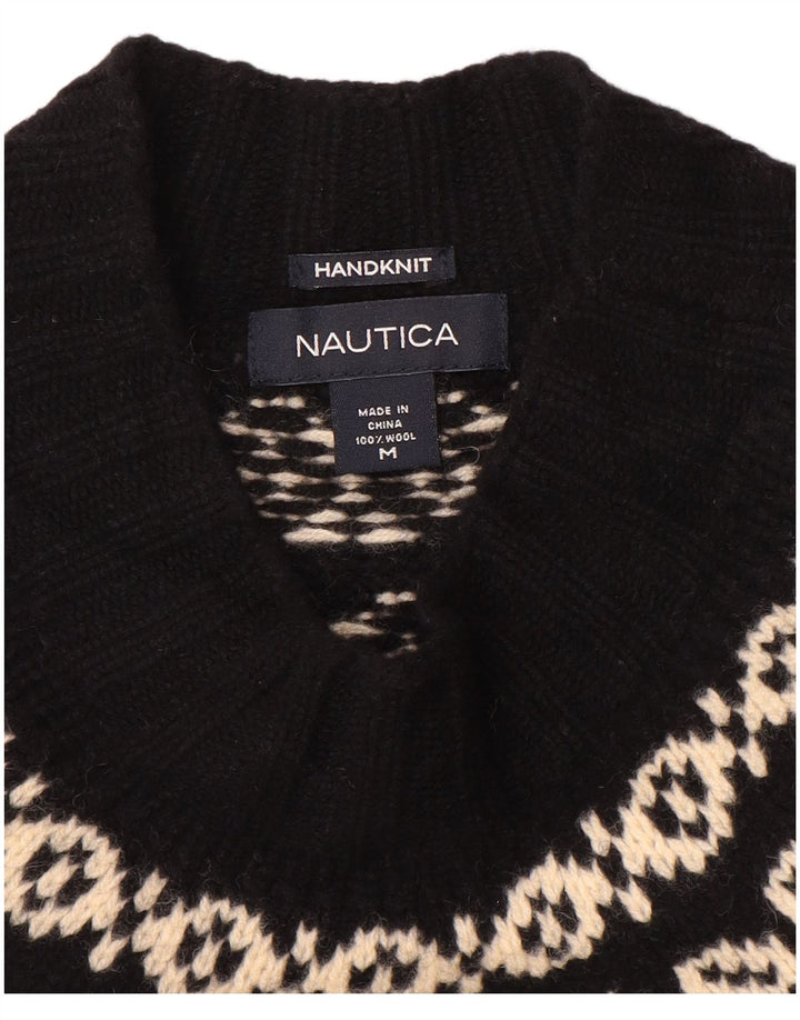 Nautica Suéter tipo jersey con cuello alto para hombre, lana Fair Isle negra mediana