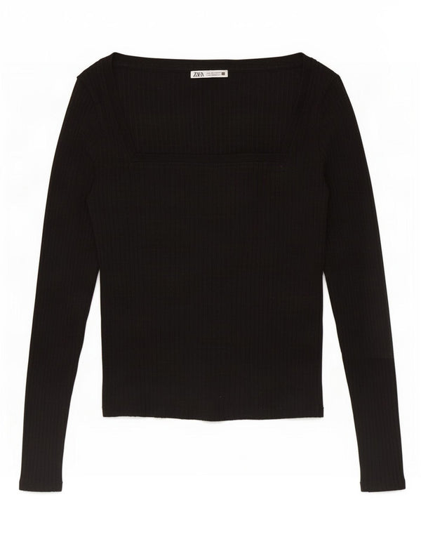 Zara Mujer Crop Top Manga Larga UK 44 Grande Negro