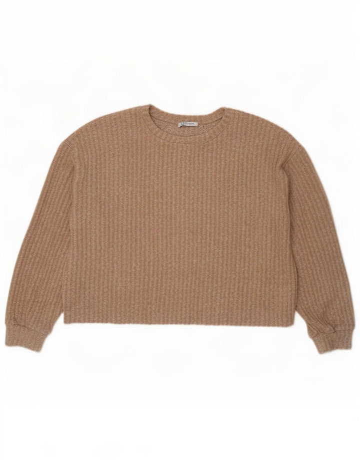 Zara Mujer Crop Suéter De Cuello Redondo De Gran Tamaño UK 14 Medium Beige