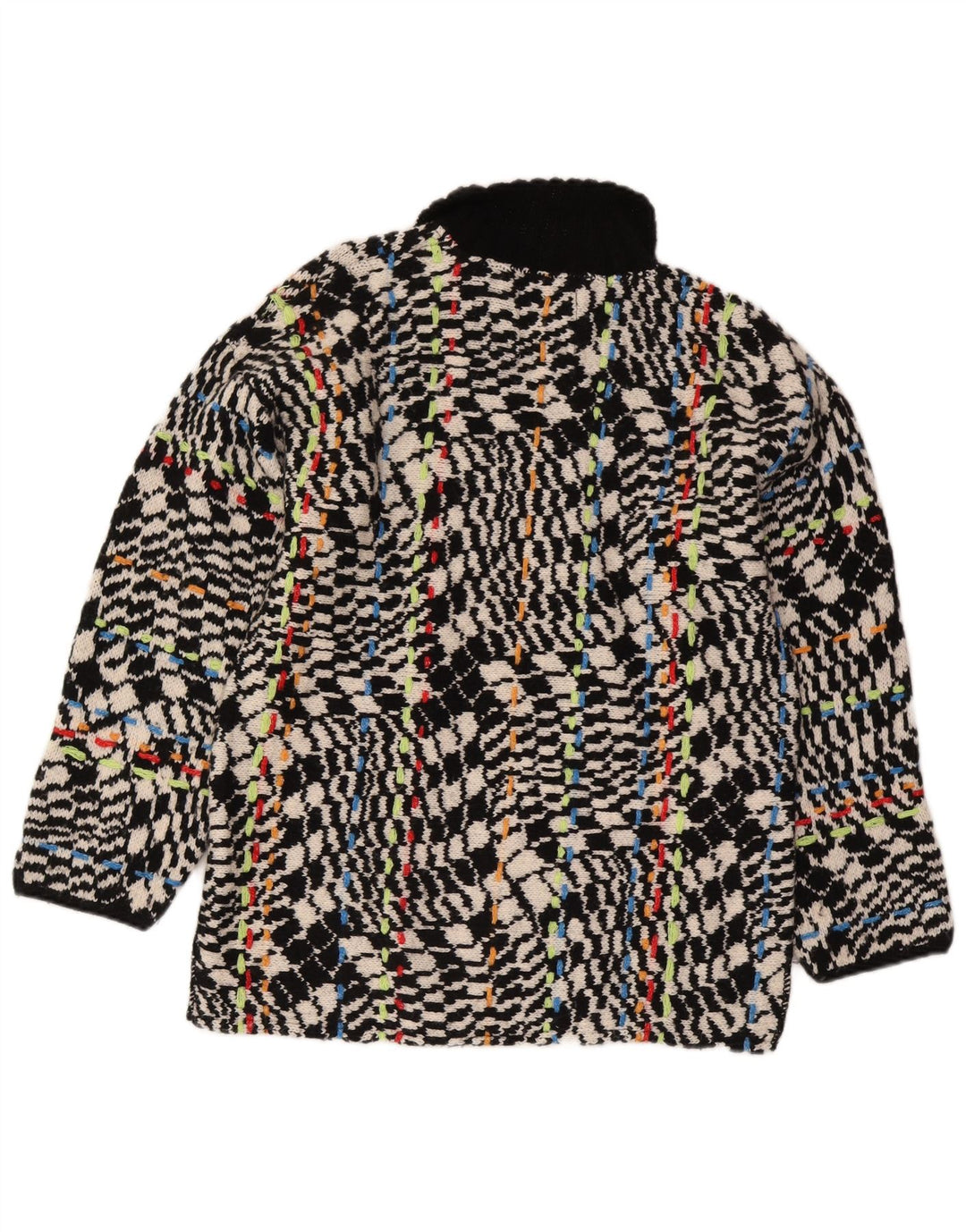 Vintage mujeres patrón abstracto completo zip cardigan suéter Reino Unido 16 grande negro