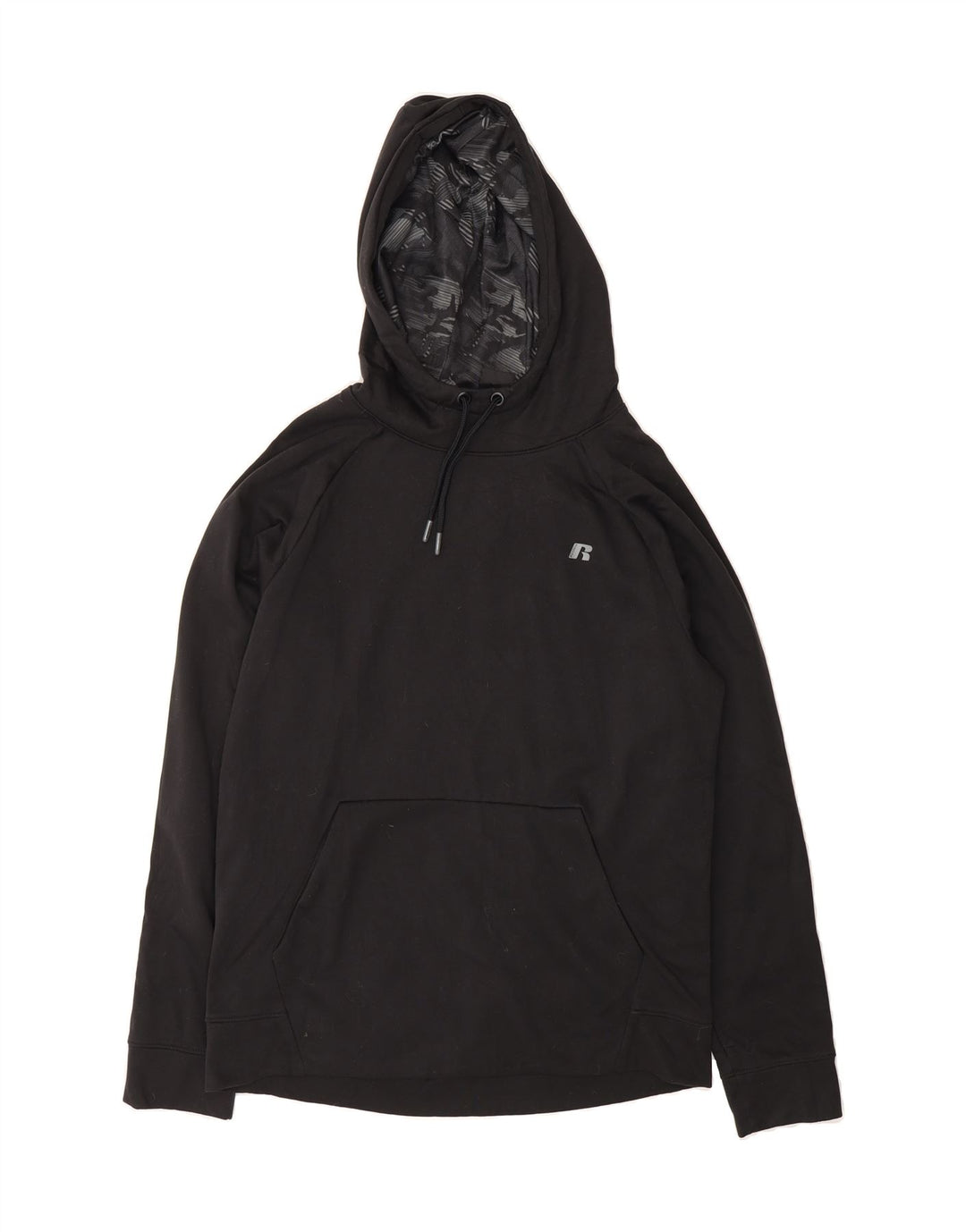 RUSSELL ATHLETIC Mens Hoodie Jumper UK 38/40 Medium Black Polyester Vintage Russell Athletic and Second-Hand Russell Athletic from Messina Hembry 