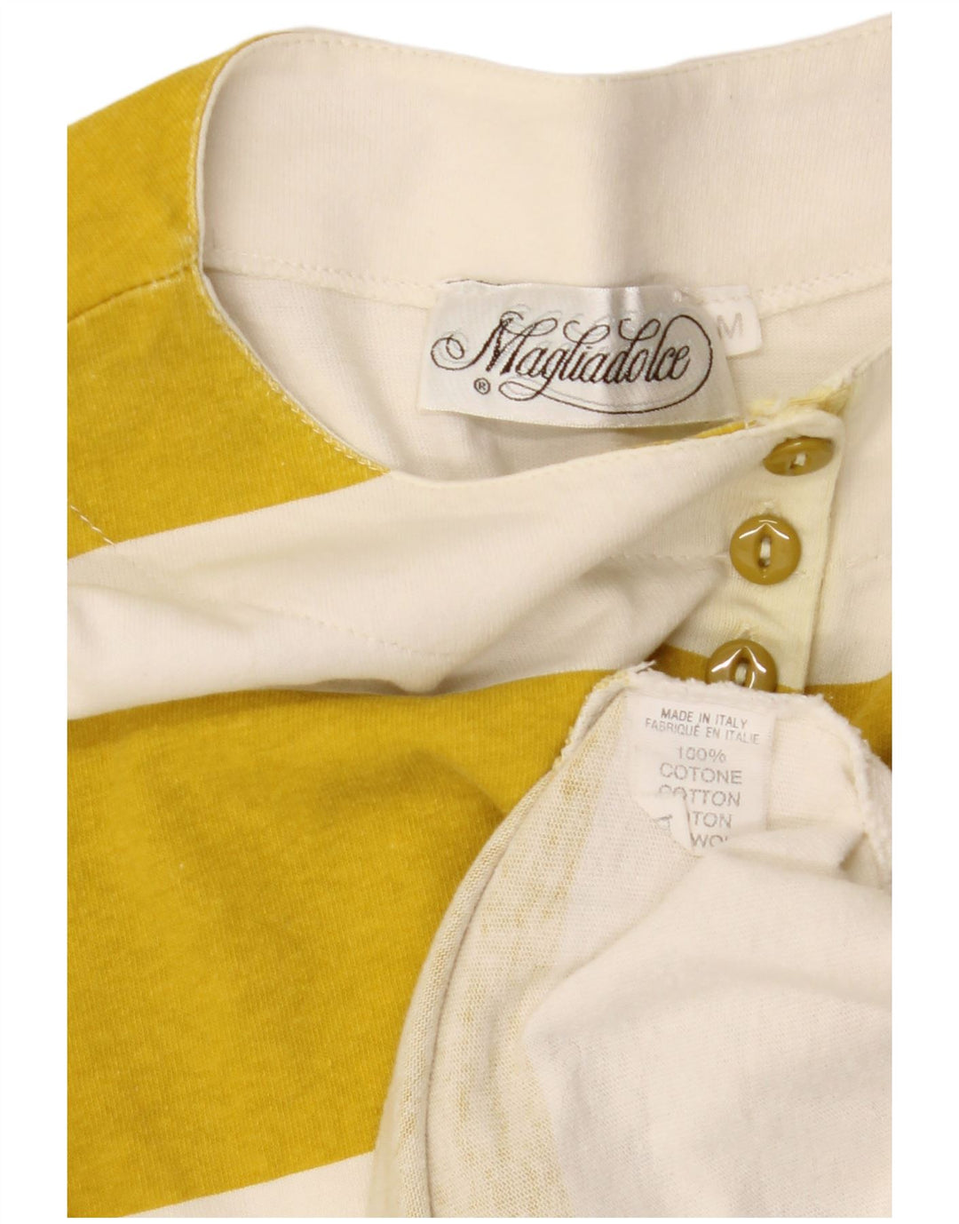 VINTAGE Mujer Gráfico Top Manga Larga Reino Unido 14 Algodón Rayado Amarillo Medio