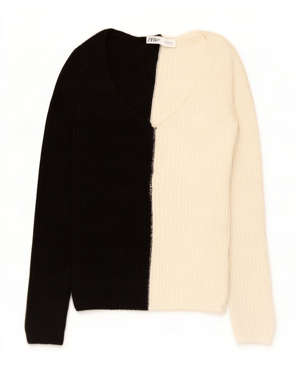 Zara Mujer Jersey con Cuello en V Jersey UK 40 Mediano Negro Colorblock Acrílico