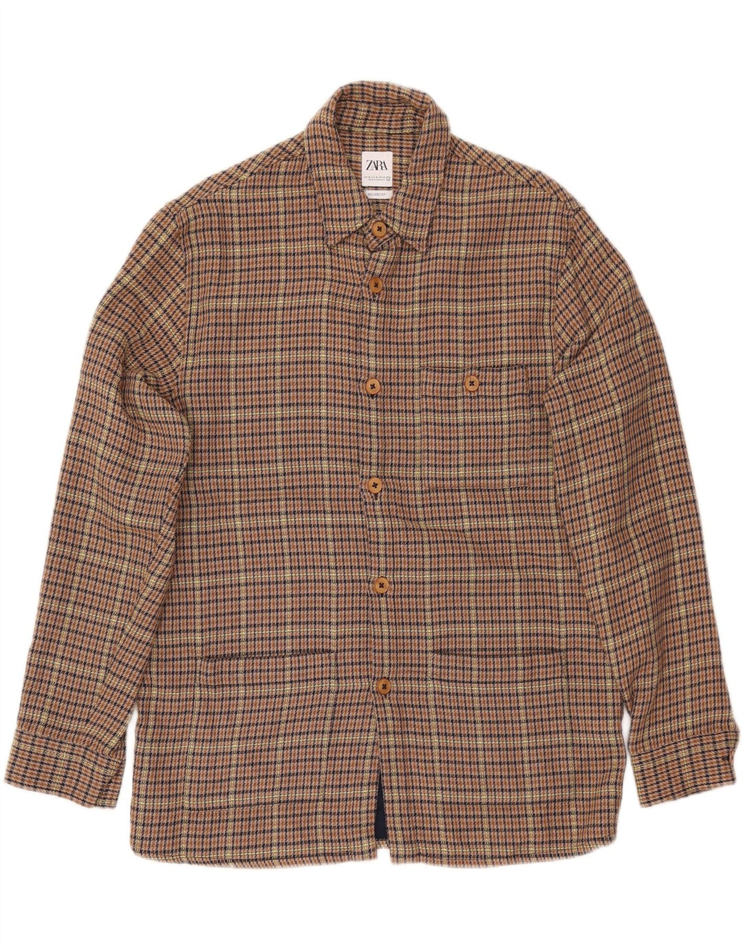 ZARA Hombre Camisa Sobrecamisa Relaxed Fit De Franela Pata De Gallo Marrón Medio