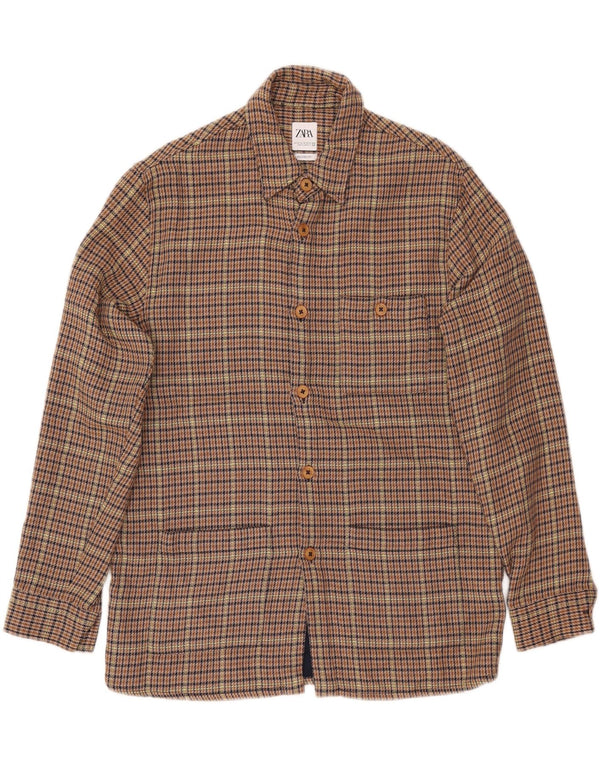 ZARA Hombre Camisa Sobrecamisa Relaxed Fit De Franela Pata De Gallo Marrón Medio
