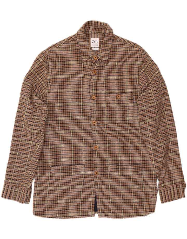 ZARA Hombre Camisa Sobrecamisa Relaxed Fit De Franela Pata De Gallo Marrón Medio