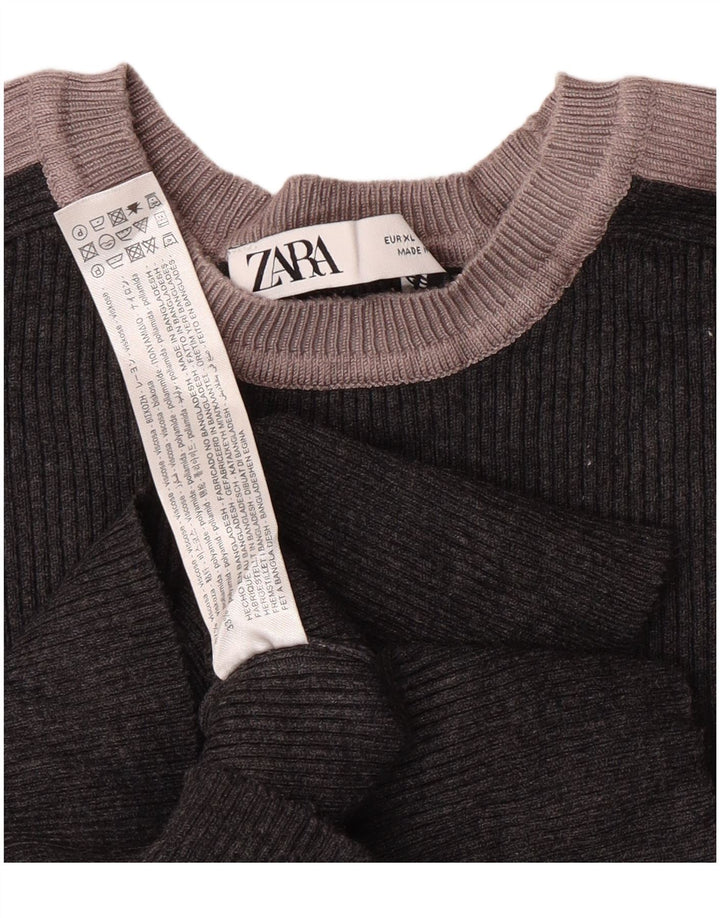 ZARA Mujer Jersey Corto Con Cuello Barco UK 40 XL Gris Colorblock