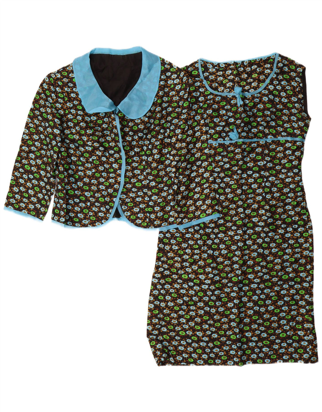 VINTAGE Mujer 3/4 Manga 2 Piezas Set UK 14 Medio Negro Floral