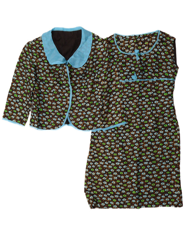 VINTAGE Mujer 3/4 Manga 2 Piezas Set UK 14 Medio Negro Floral