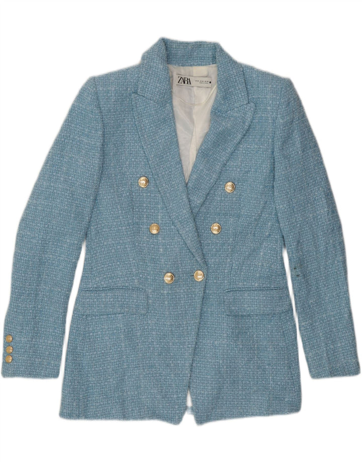 Zara Chaqueta Blazer De Doble Botonadura Para Mujer UK 44 Poliéster A Cuadros Azul Medio