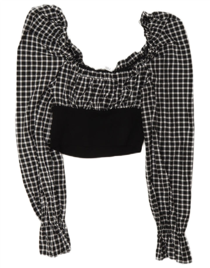 Zara Top Corto De Manga Larga Para Mujer UK 40 Mediano Negro Gingham Poliamida
