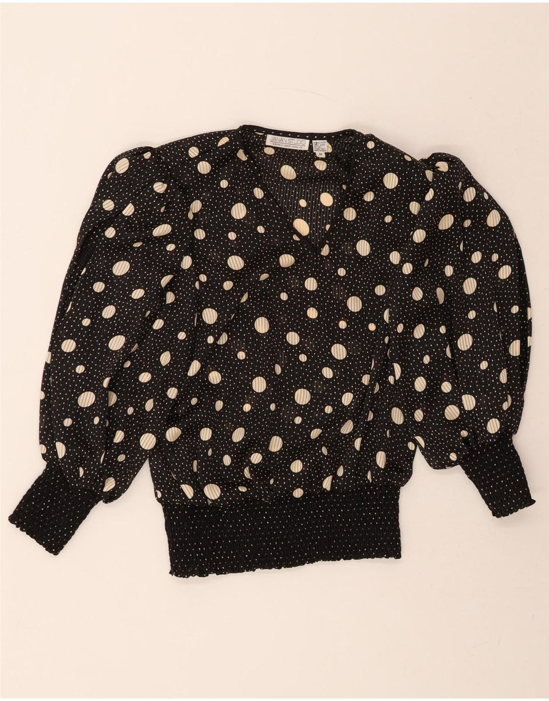 JANAN STUDIO Womens Blouse Top UK 14 Medium Black Polka Dot Polyester Vintage Janan Studio and Second-Hand Janan Studio from Messina Hembry 