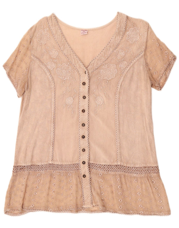 Vintage mujer camisa de manga corta blusa Reino Unido 14 viscosa floral beige medio