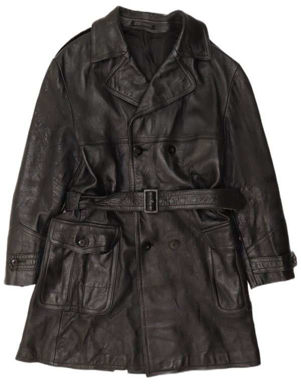 Vintage hombres doble pecho cuero abrigo IT 50 grande negro