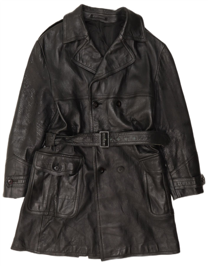 Vintage hombres doble pecho cuero abrigo IT 50 grande negro