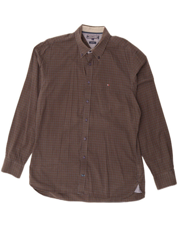 Camisa Tommy Hilfiger de corte personalizado para hombre, algodón a cuadros marrón grande