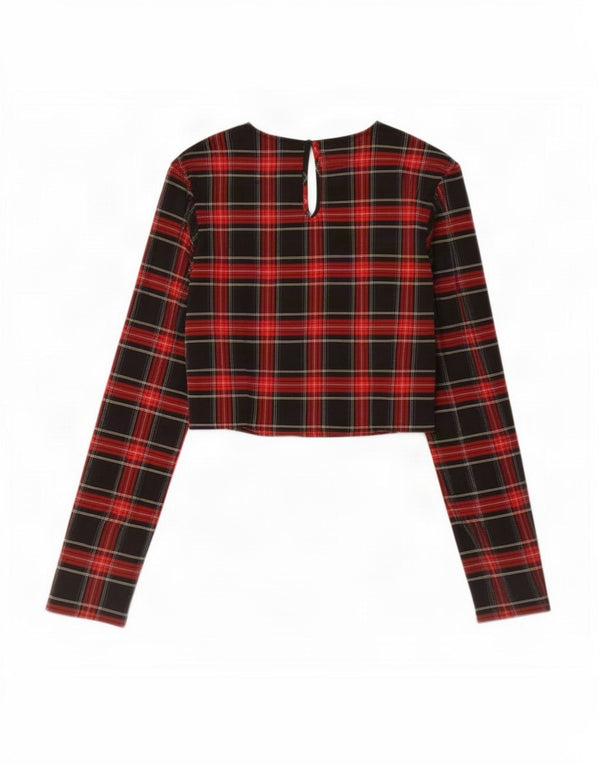 Zara Womens Crop Long Sleeve Blouse Top UK 10 Small Black Check