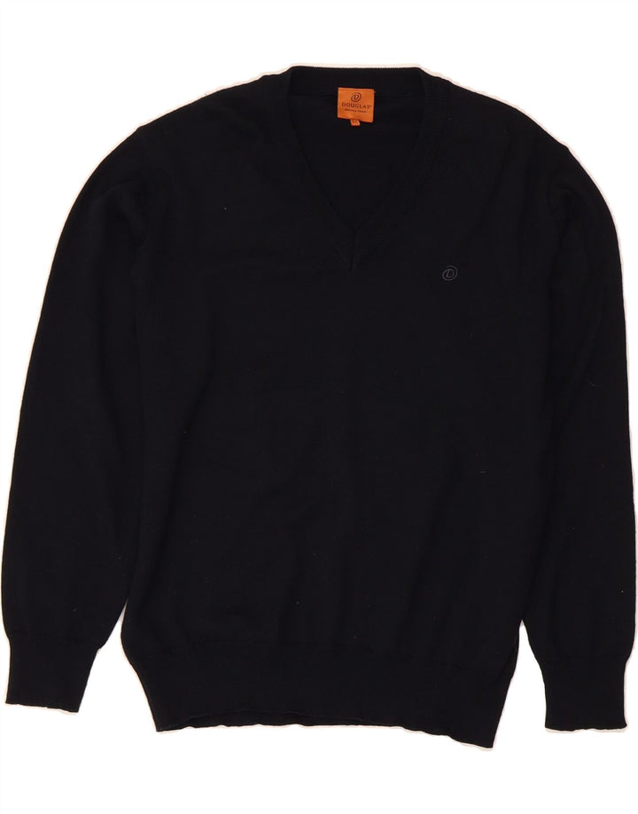 DOUGLAS Mens V-Neck Jumper Sweater Medium Navy Blue Wool Vintage Douglas and Second-Hand Douglas from Messina Hembry 
