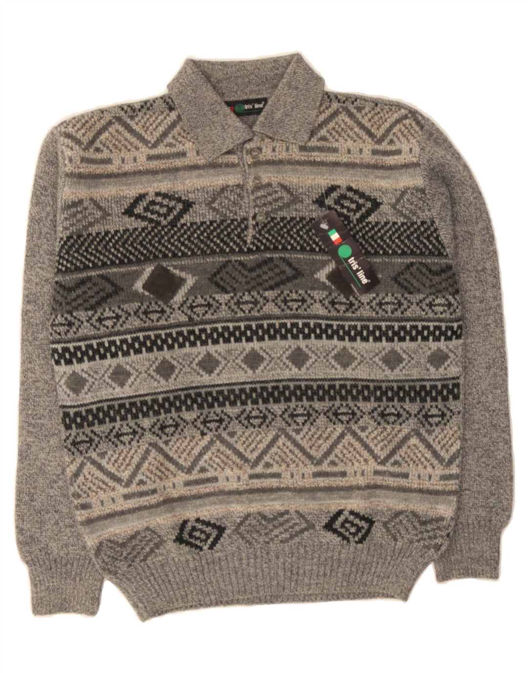 TRIS LINE Mens Polo Neck Jumper Sweater IT 48 Medium Grey Geometric Vintage Tris Line and Second-Hand Tris Line from Messina Hembry 