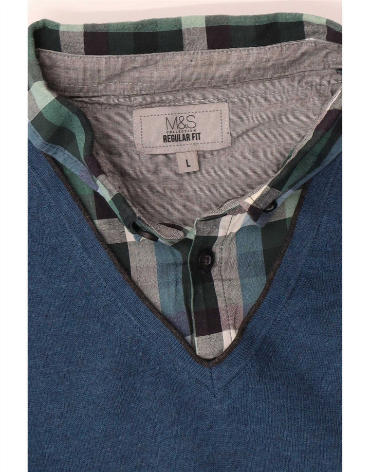 Marks & Spencer Suéter tipo jersey con cuello tipo polo y corte regular para hombre, talla grande, azul