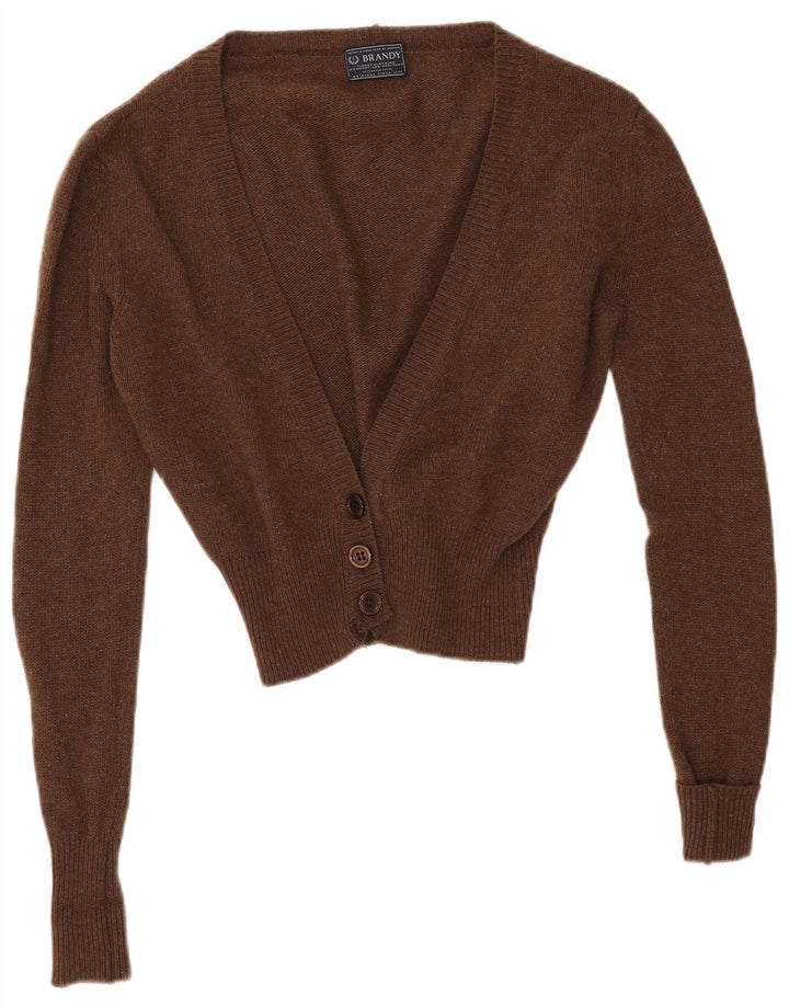 VINTAGE Mujer Crop Cardigan Suéter Reino Unido 14 Lana de cordero marrón medio