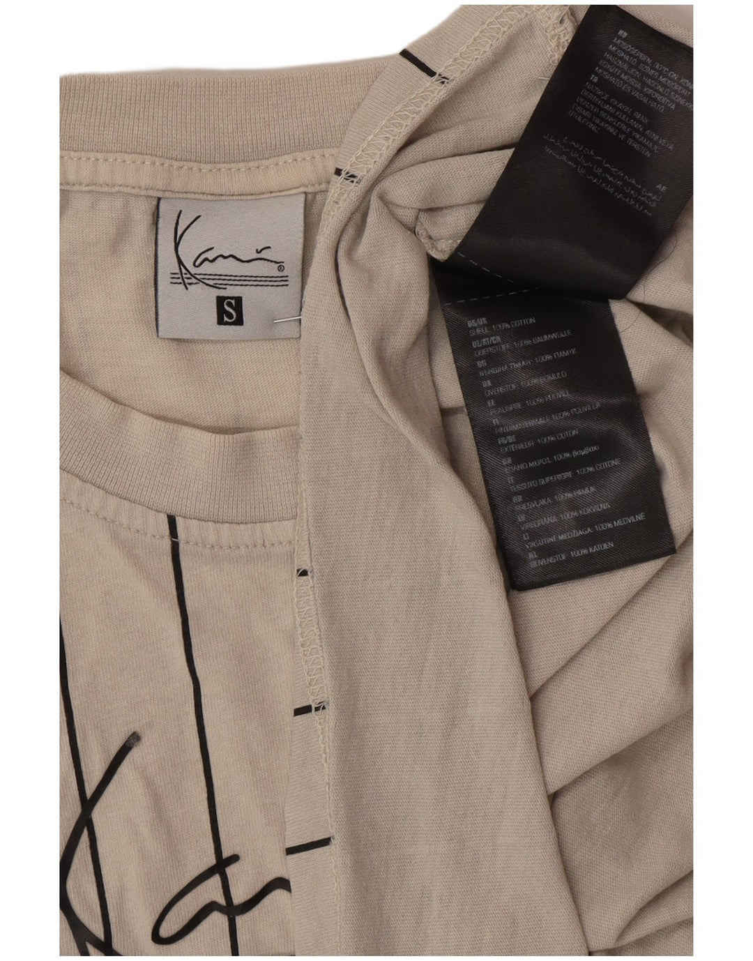 KARL KANI Camiseta gráfica para hombre Top pequeño de algodón a rayas beige